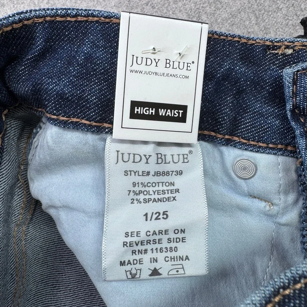 Judy Blue High Rise Control Top Distressed Flare Jeans Womens 1/25 Dark Blue NWT